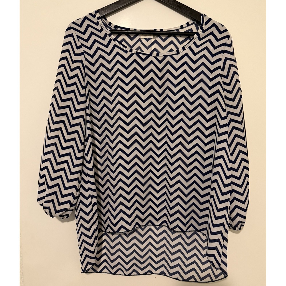 Jon & Anna New York Navy Blue White Chevron High-Low 3/4 Sleeve Tunic Blouse M